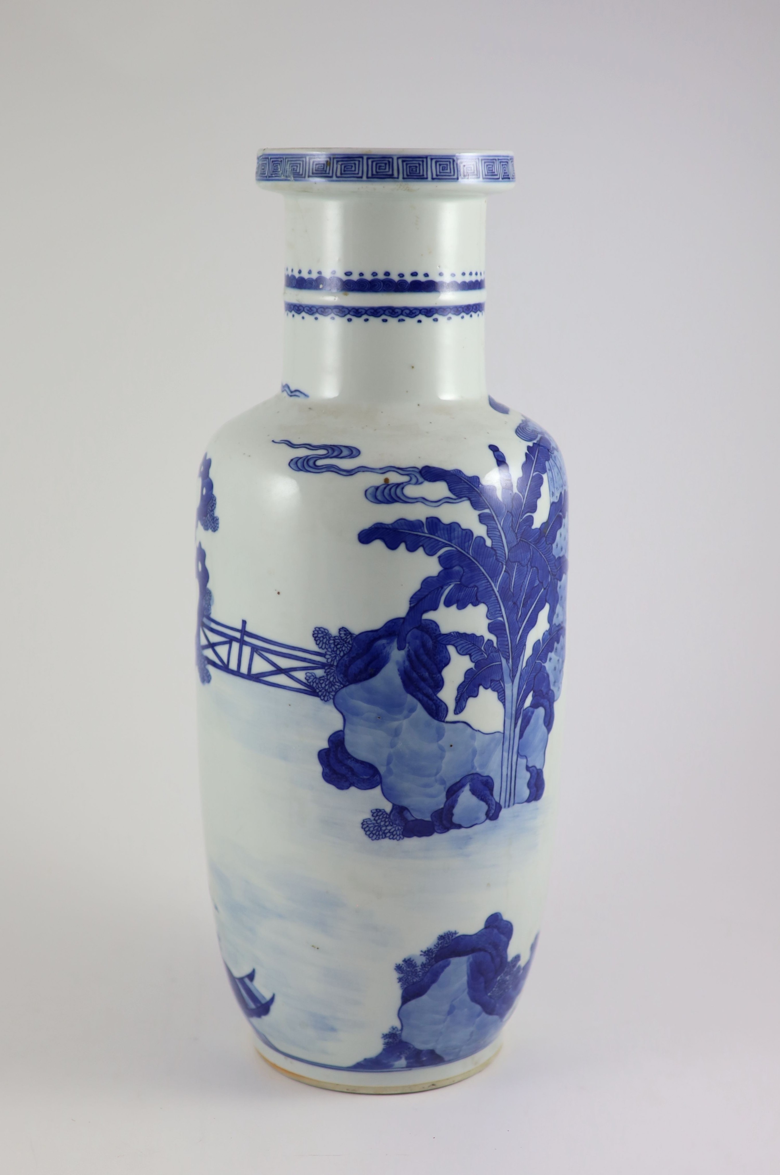 A Chinese blue and white rouleau vase, 19th century 44cm high, neck broken and restored